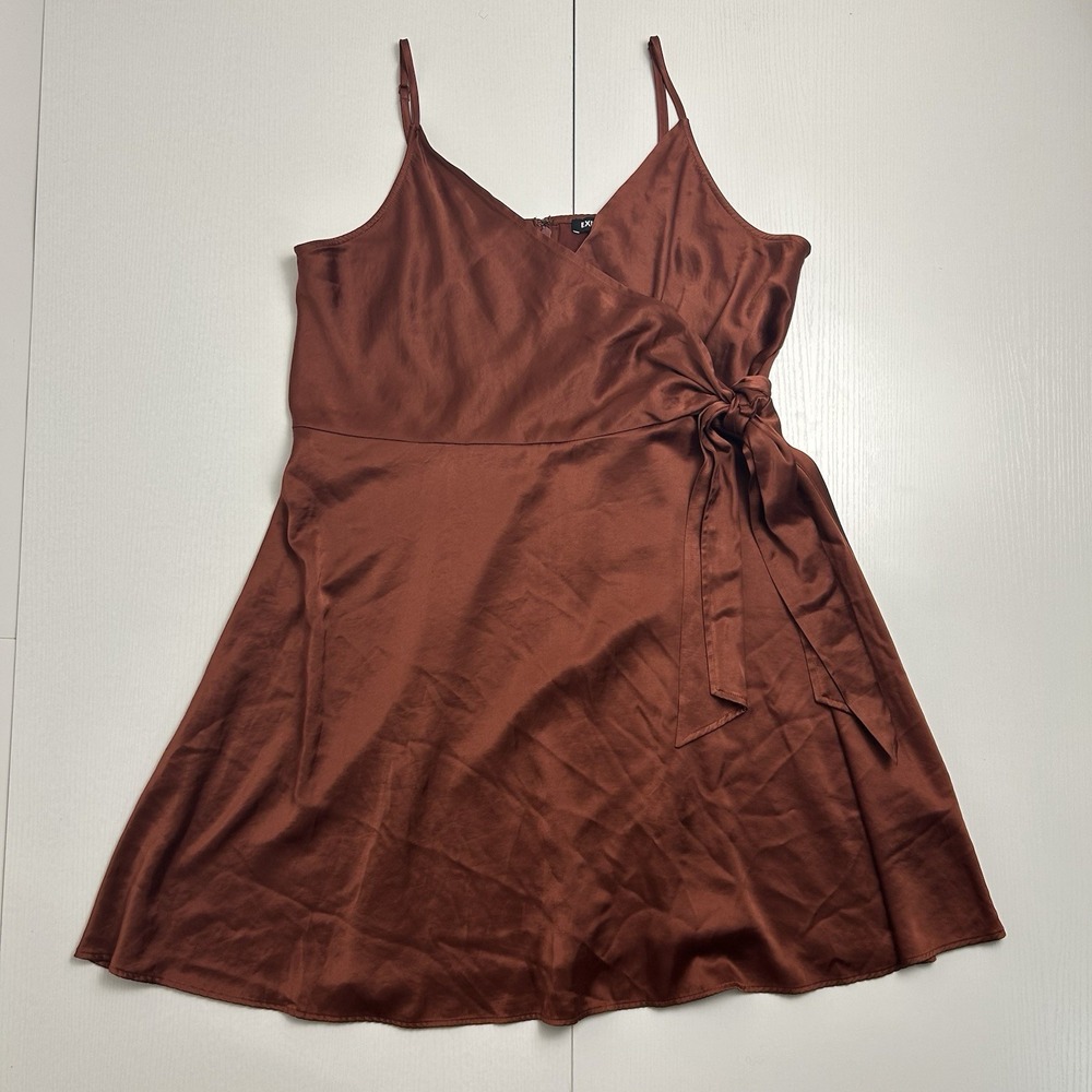 Express Womens Satin Mini V Neck Sleeveless Faux Wrap Sz XL Burn Orange Cocktail